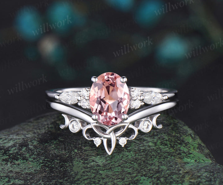 Oval cut morganite engagement ring solid 14k white gold moon Celtic knot diamond wedding promise ring set women