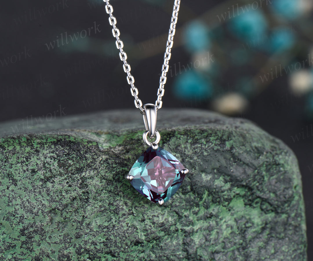 Dainty cushion cut alexandrite necklace solid 14k 18k white gold June birthstone pendant for women anniversary gifts