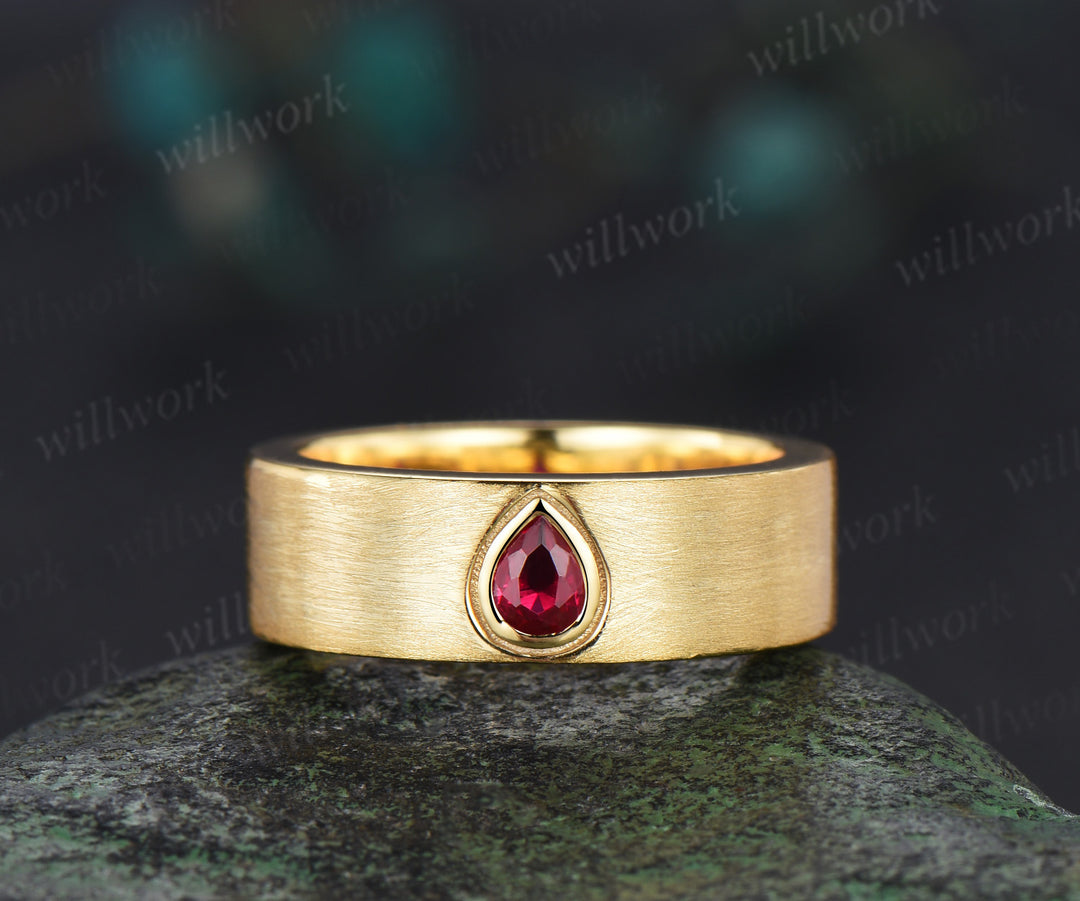 Pear Cut Red Ruby Engagement ring Brushed Rose Gold 10k/14k/18k Yellow Gold men's ring gift for him Solitaire anniversary gift