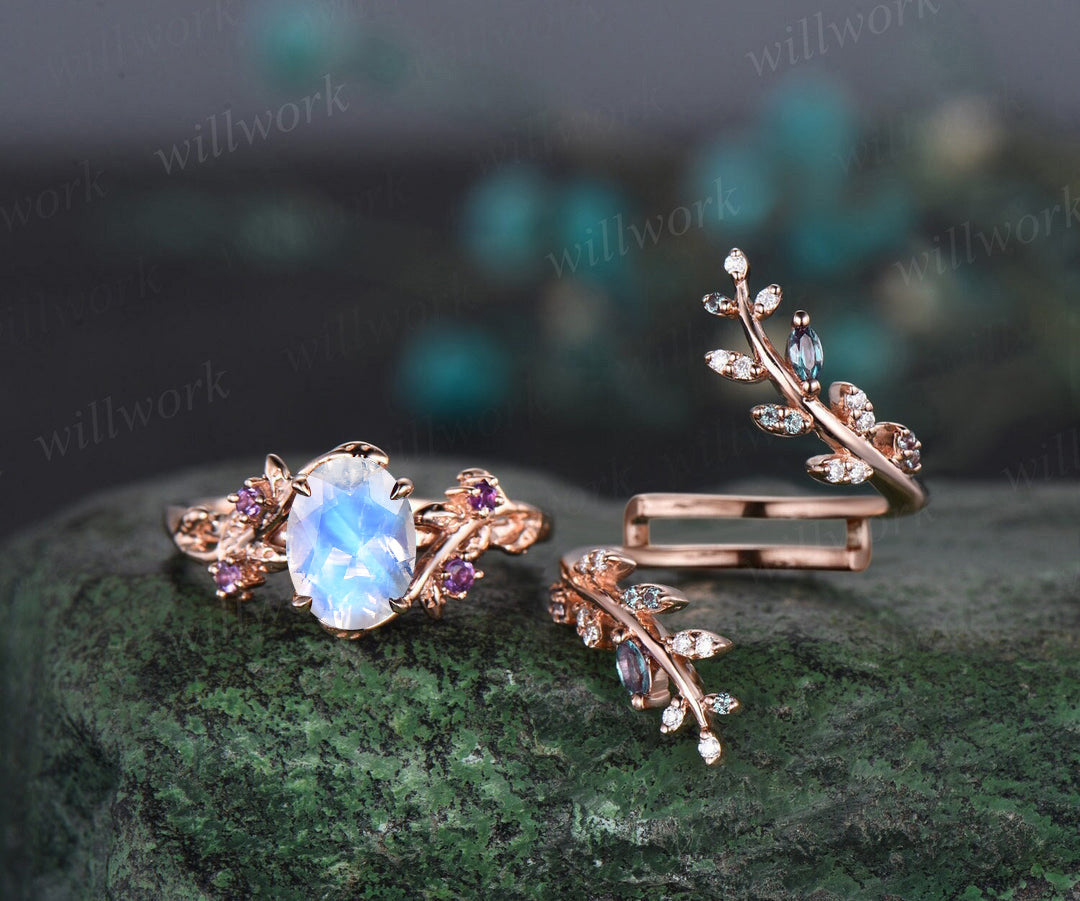 Vintage oval moonstone engagement ring nature inspired leaf amethyst ring wedding band enhancer twisted bridal ring set women