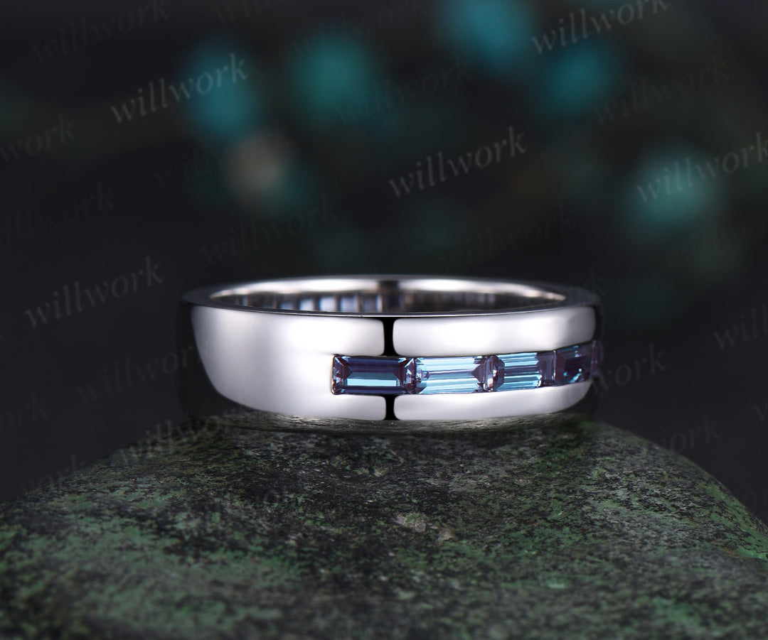 Baguette cut alexandrite wedding band men half eternity mens wedding ring band June birthstone ring anniversary gift