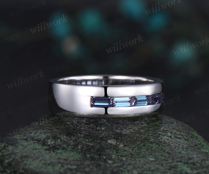 Baguette cut alexandrite wedding band men half eternity mens wedding ring band June birthstone ring anniversary gift