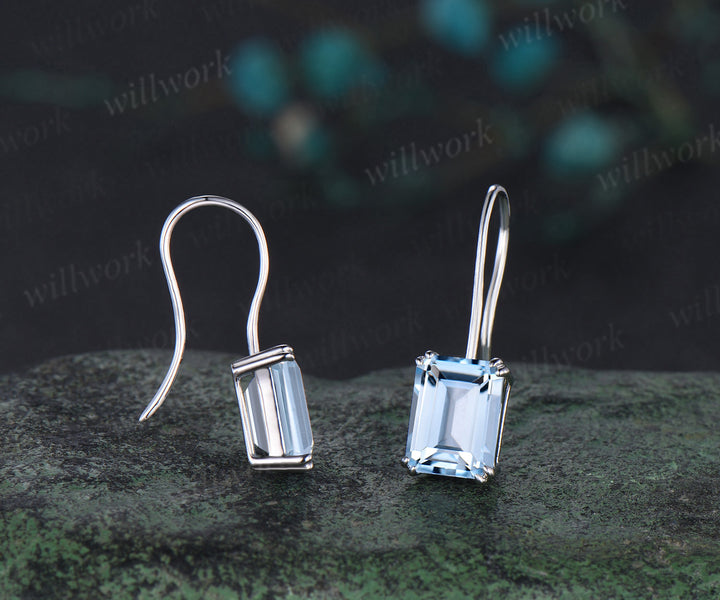 Emerald cut aquamarine stud earrings solid 14k white gold Solitaire Minimalist earrings anniversary gift for women