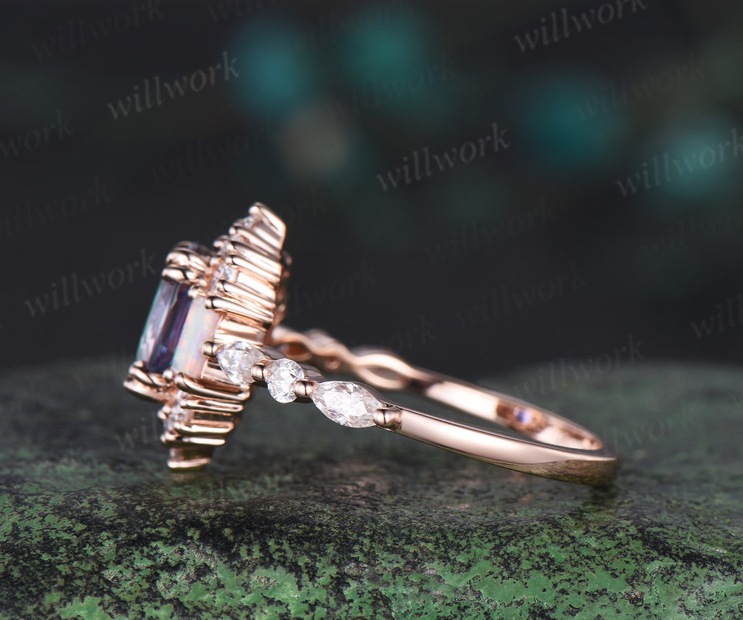 Oval cut alexandrite engagement ring halo diamond ring vintage Baguette cut opal ring rose gold women unique bridal anniversary gift jewelry
