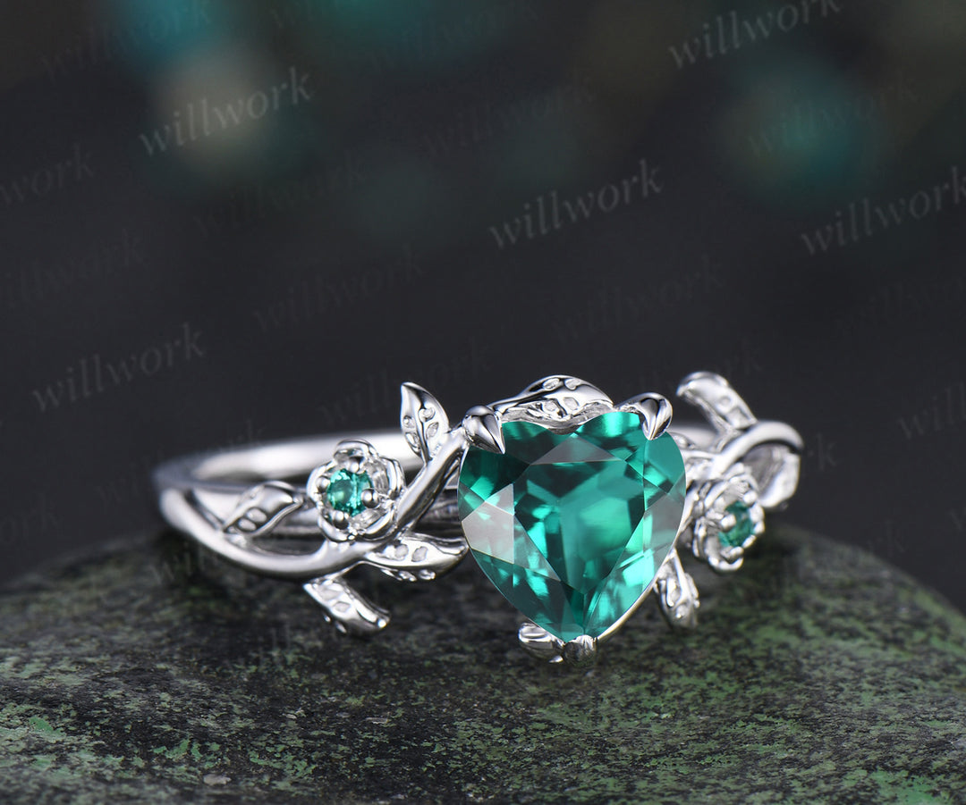 Heart cut green emerald leaf floral engagement ring women 14k white gold nature inspired promise wedding ring women gift