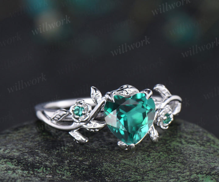 Heart cut green emerald leaf floral engagement ring women 14k white gold nature inspired promise wedding ring women gift