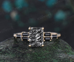 Emerald cut black rutilated quartz engagement ring yellow gold Baguette cut black spinel anniversary ring women gift