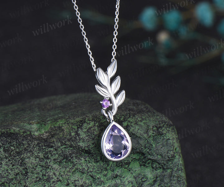 Pear cut Lavender Amethyst necklace white gold two stone leaf unique pendant women anniversary bridal gift