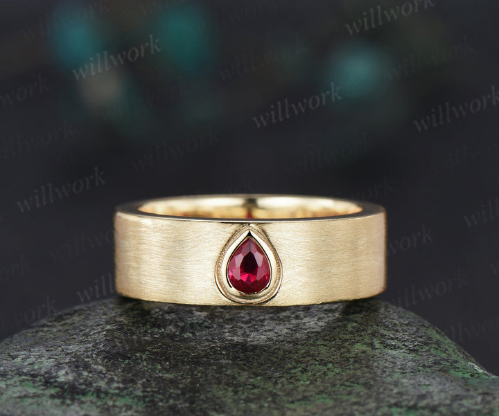 Pear Cut Ruby Floral Leaf Engagement Ring Set & Solitaire Ruby Brushed Men Wedding Band Passionate Ruby Couple Ring Set