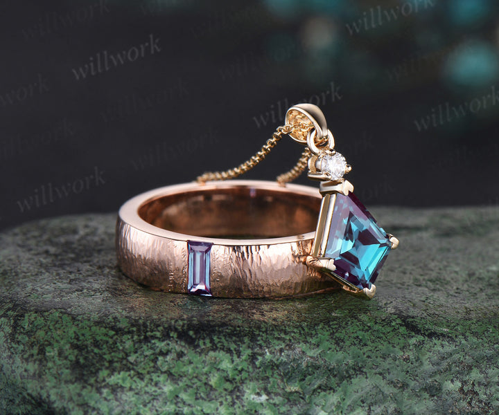 Enchanting Alexandrite Kite Pendant & Men's Baguette Ring 14K rose gold jewelry set Valentine's Day Exclusive Gift for her