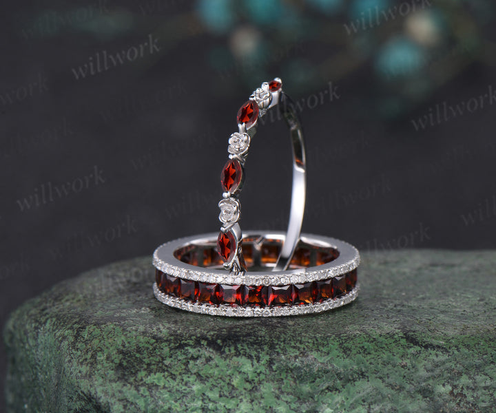 Princess cut garnet full eternity band dainty garnet rose floral wedding ring dazzling romantic ring set for couple