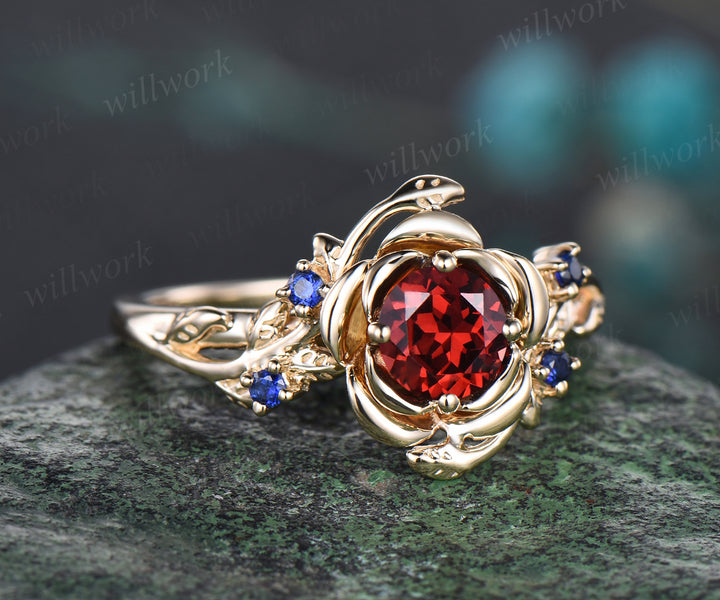 Unique round cut garnet engagement ring floral leaf art deco sapphires ring nature inspired wedding ring for women birthstone gifts