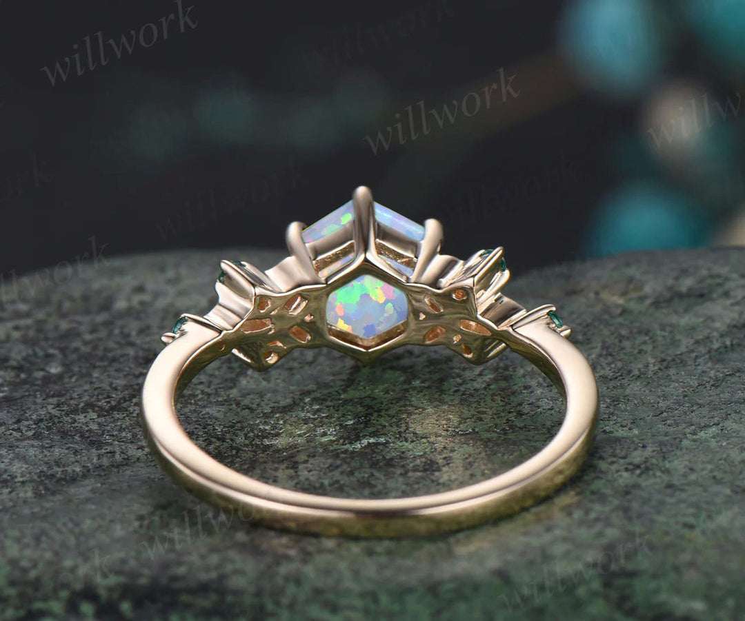 Hexagon Cut Opal Engagement Ring October birthstone Celtic Knot Wedding Ring Emerald Seven Stone Bridal Ring