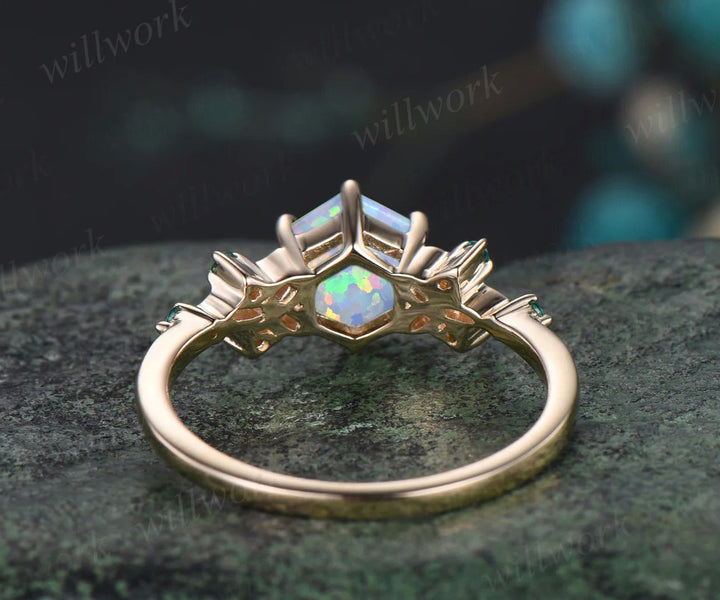Hexagon Cut Opal Engagement Ring October birthstone Celtic Knot Wedding Ring Emerald Seven Stone Bridal Ring