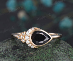 Pear shaped black onyx engagement ring solid 14k yellow gold bezel moon Celtic knot wedding ring women gemstone