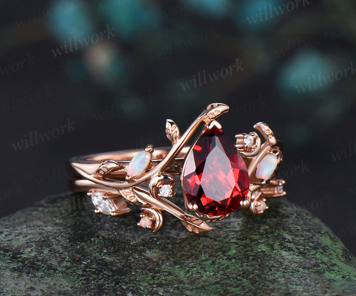 Vintage pear red garnet engagement ring set January birthstone rose gold leaf moon opal ring women
