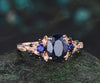Vintage oval cut blue sandstone engagement ring rose gold leaf cluster antique sapphire black spinel anniversary ring women gift