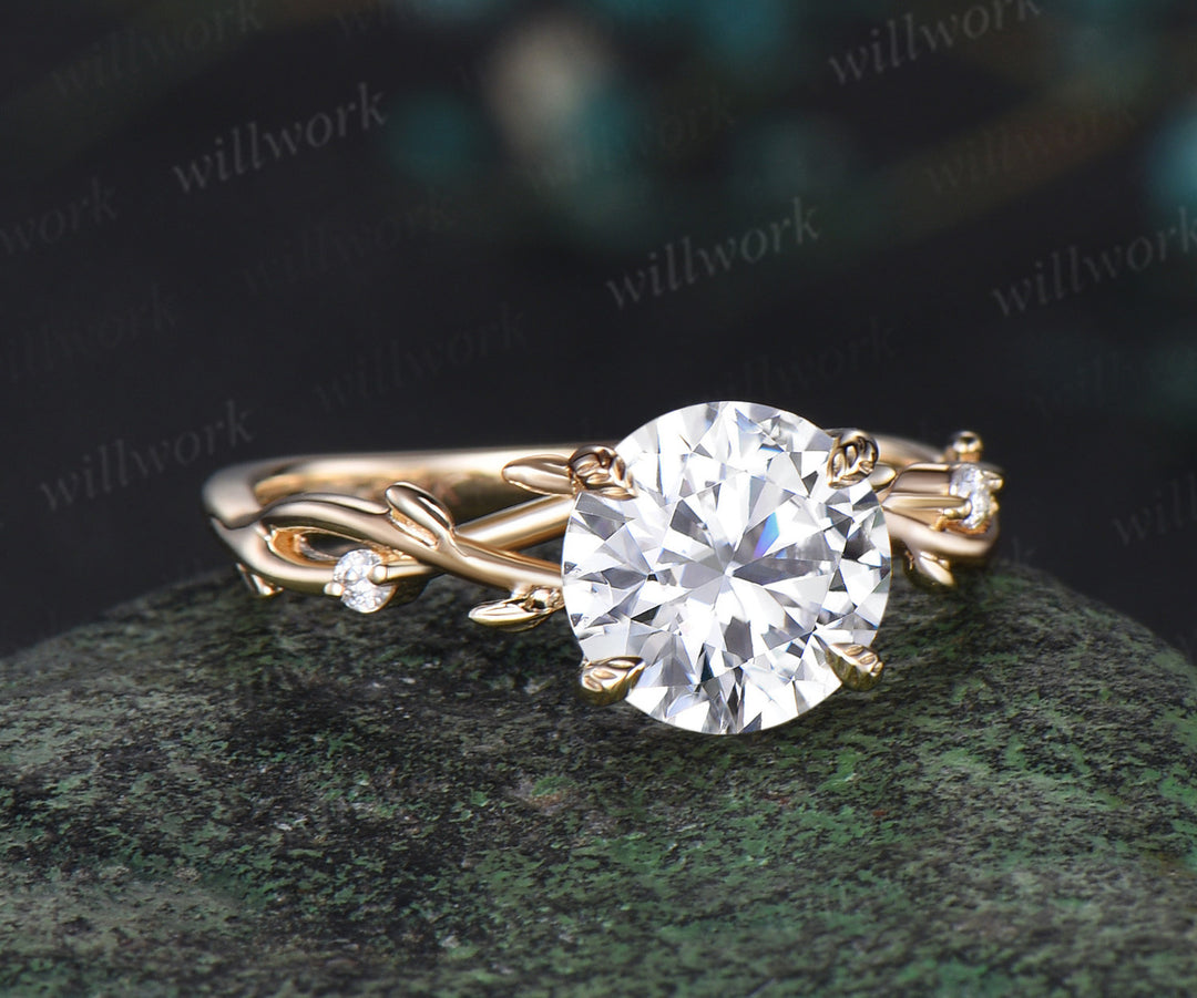 2ct Round cut moissanite engagement ring solid 14k yellow gold leaf claw prong three stone diamond promise wedding ring women