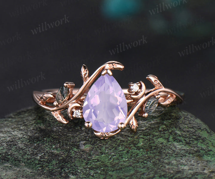 Pear shaped Lavender Amethyst ring rose gold leaf nature inspired romantic engagement ring women art deco promise wedding bridal ring set