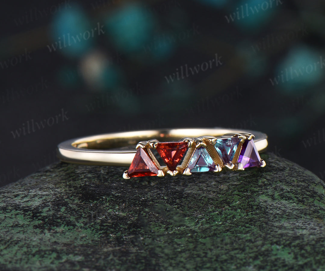 Trilliant cut garnet alexandrite amethyst ring solid 14k yellow gold five stone birthday gift Multi-Stone Rings anniversary ring women gift