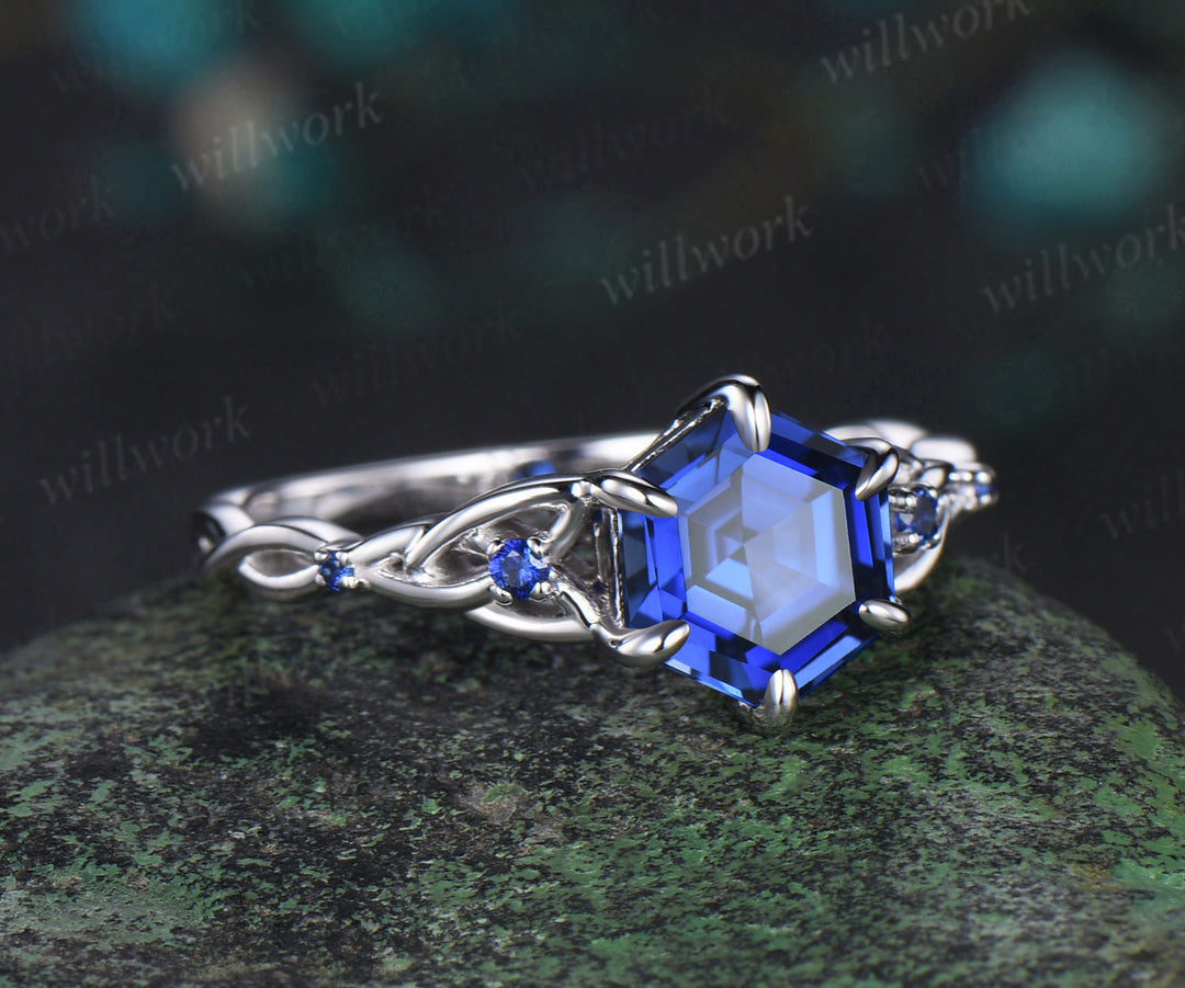 Hexagon cut blue sapphire engagement ring white gold five stone infinity Celtic knot September birthstone anniversary ring women