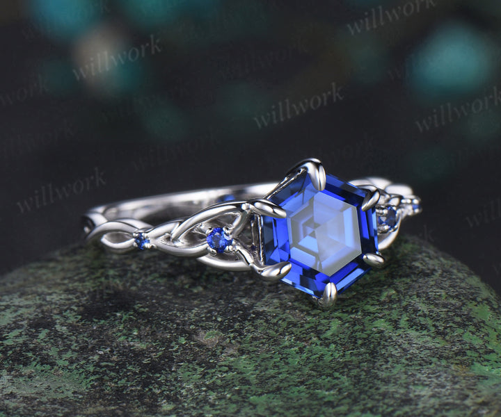 Hexagon cut blue sapphire engagement ring white gold five stone infinity Celtic knot September birthstone anniversary ring women
