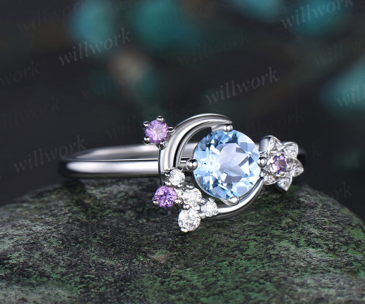 Round cut aquamarine engagement ring white gold moon amethyst ring vintage floral diamond wedding anniversary ring gift