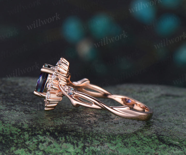 Round cut alexandrite engagement ring rose gold twisted branch vine halo diamond ring vintage promise bridal ring women