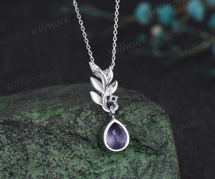 Pear cut Lavender Amethyst necklace white gold two stone leaf unique pendant women anniversary bridal gift