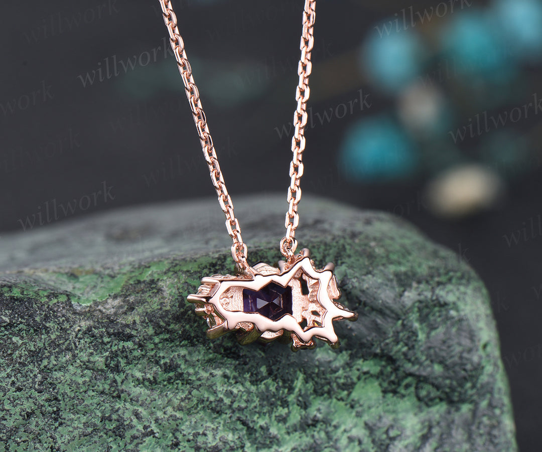 Hexagon alexandrite necklace moissanite art deco cluster pendant 14k/18k rose gold necklace birthstone anniversary gifts for women