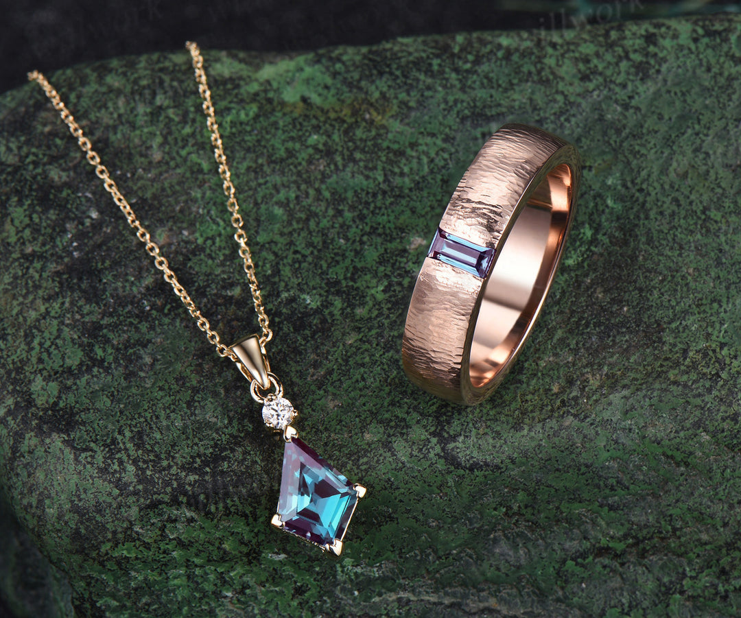 Enchanting Alexandrite Kite Pendant & Men's Baguette Ring 14K rose gold jewelry set Valentine's Day Exclusive Gift for her
