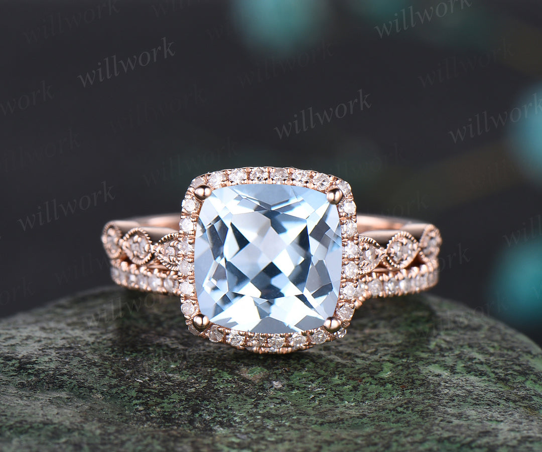 Milgrain Cushion Cut Natural Aquamarine Engagement Ring Set Vintage Moissanite Halo Half Eternity Wedding Ring Antique 14k Rose Gold 3pcs Bridal Ring Set
