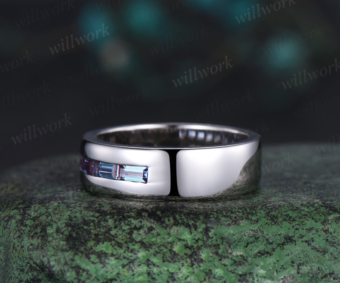 Baguette cut alexandrite wedding band men half eternity mens wedding ring band June birthstone ring anniversary gift