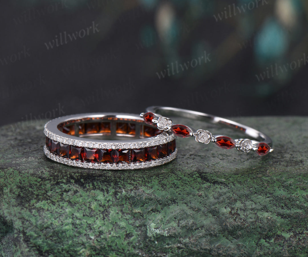 Princess cut garnet full eternity band dainty garnet rose floral wedding ring dazzling romantic ring set for couple
