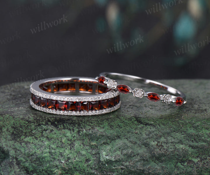 Princess cut garnet full eternity band dainty garnet rose floral wedding ring dazzling romantic ring set for couple