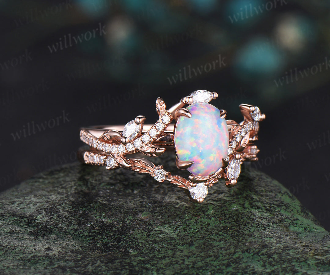 Vintage Oval white opal engagement ring rose gold art deco leaf nature inspired half eternity diamond anniversary ring women gift