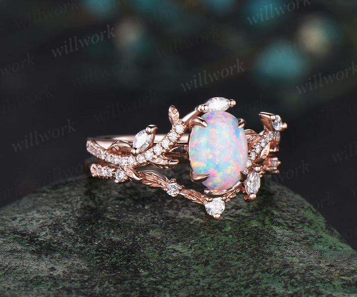 Vintage Oval white opal engagement ring rose gold art deco leaf nature inspired half eternity diamond anniversary ring women gift