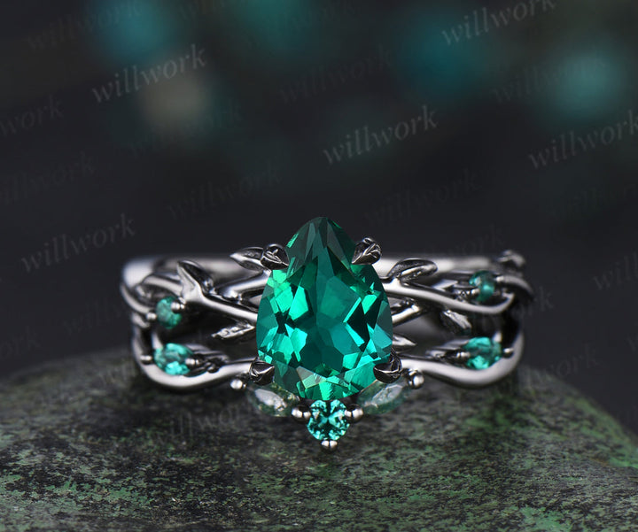 Black Gold Pear Emerald Engagement Ring Set Twig Vine Wedding Ring Gothic Promise Rings