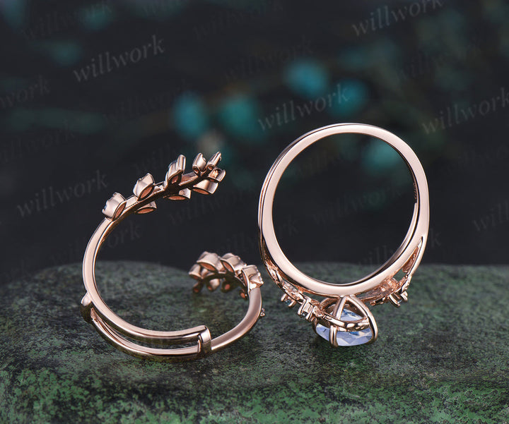 Vintage oval moonstone engagement ring nature inspired leaf amethyst ring wedding band enhancer twisted bridal ring set women