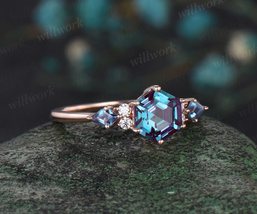 Hexagon cut Alexandrite engagement ring solid kite 6 prong 14k rose gold diamond ring unique promise wedding ring women