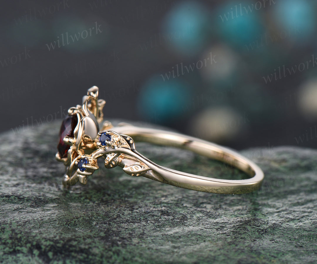 Unique round cut garnet engagement ring floral leaf art deco sapphires ring nature inspired wedding ring for women birthstone gifts