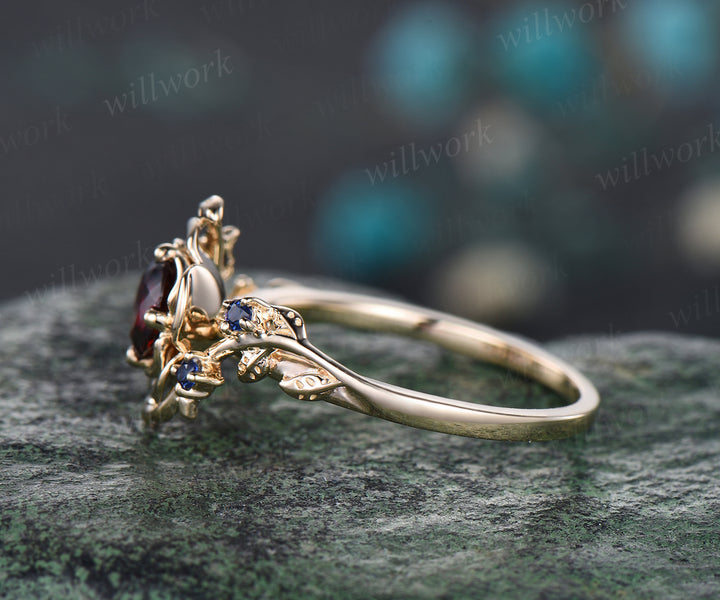 Unique round cut garnet engagement ring floral leaf art deco sapphires ring nature inspired wedding ring for women birthstone gifts