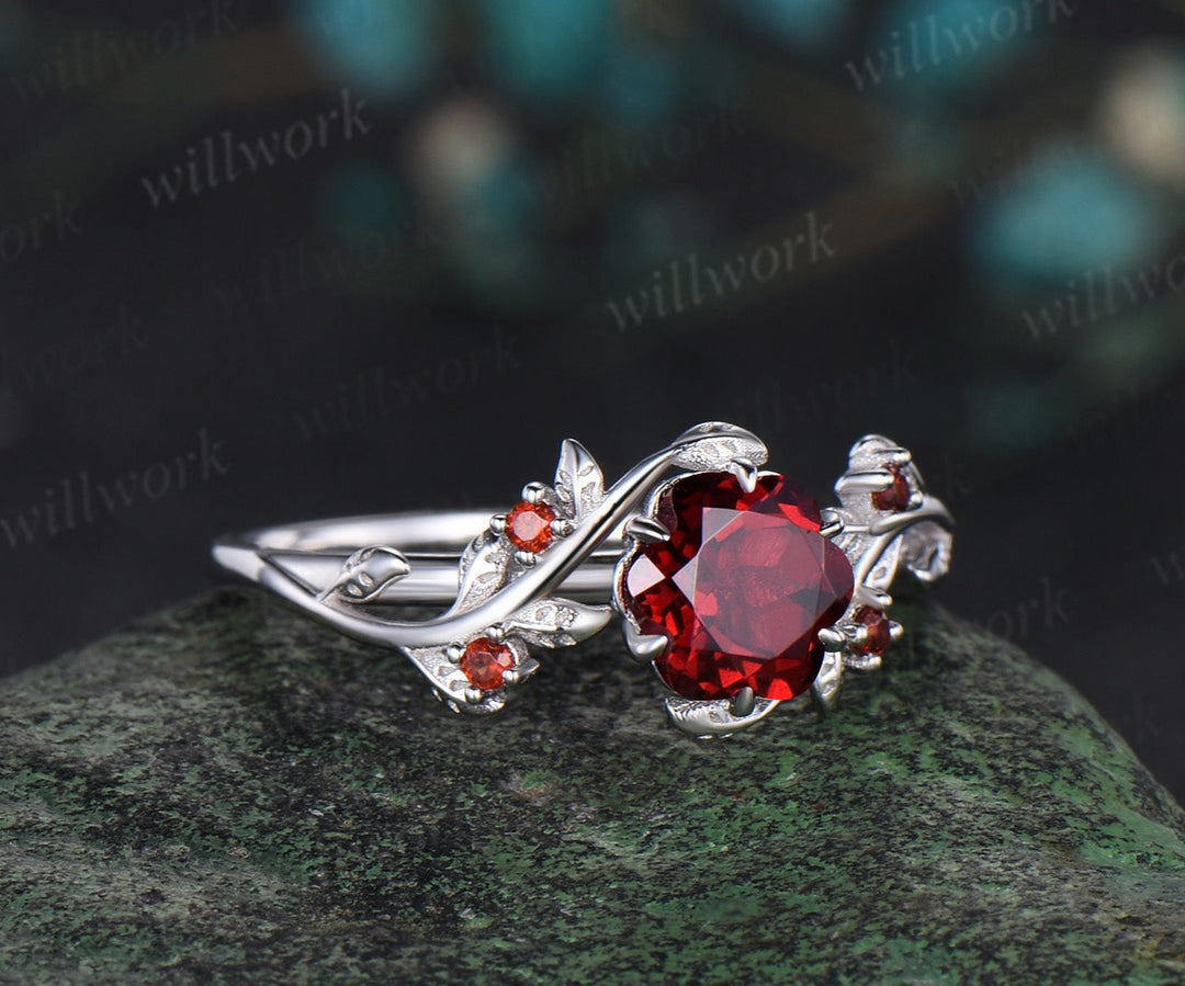 Floral shaped red garnet engagement ring white gold leaf nature inspired five stone January birthstone ring women gift