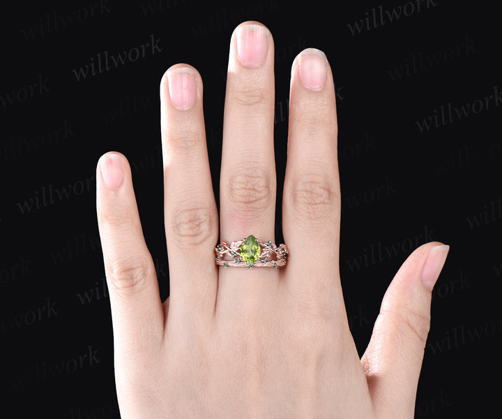 Pear Shaped August Birthstone Natural Peridot Engagement Ring Set Unique Leaf Floral Vine Twig Branch Nature Inspired Emerald Ring 14k Rose Gold 2pcs Bridal Ring Set
