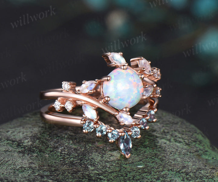 Round white opal engagement ring 14k rose gold twisted art deco cluster moonstone alexandrite bridal wedding ring set women