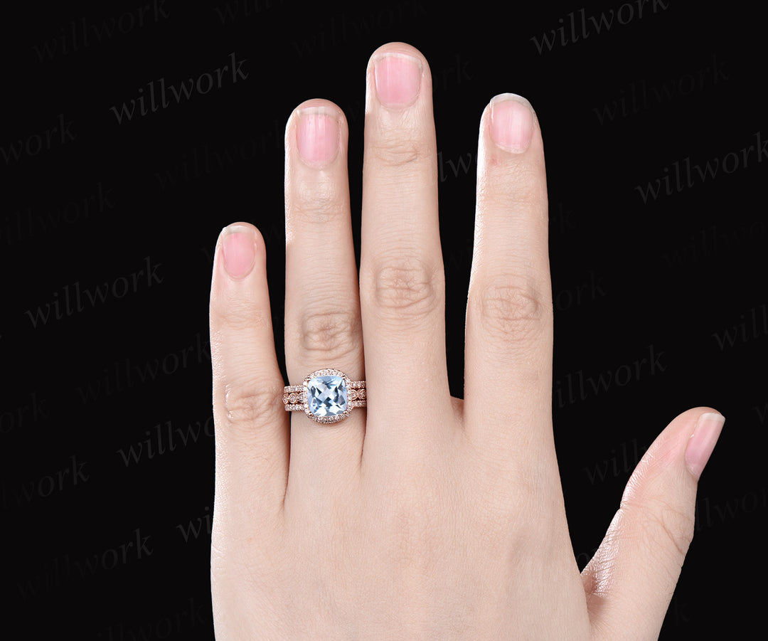 Milgrain Cushion Cut Natural Aquamarine Engagement Ring Set Vintage Moissanite Halo Half Eternity Wedding Ring Antique 14k Rose Gold 3pcs Bridal Ring Set