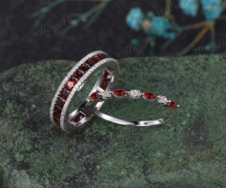 Princess cut garnet full eternity band dainty garnet rose floral wedding ring dazzling romantic ring set for couple