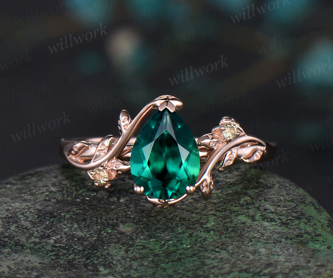 Pear cut green emerald engagement ring solid 14k rose gold leaf nature inspired three stone peridot bridal ring set women