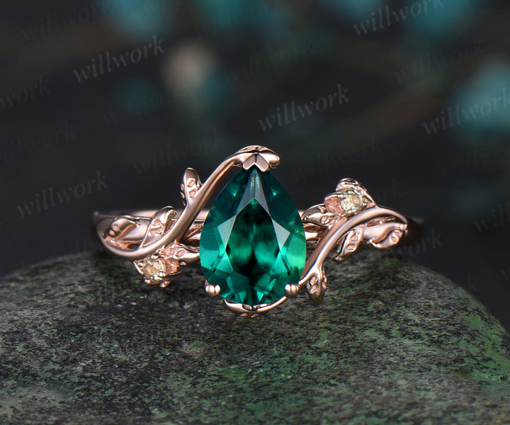 Pear cut green emerald engagement ring solid 14k rose gold leaf nature inspired three stone peridot bridal ring set women