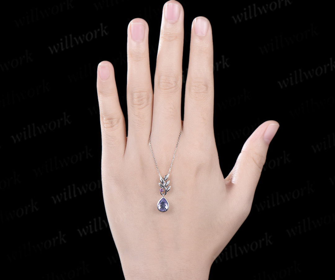 Pear cut Lavender Amethyst necklace white gold two stone leaf unique pendant women anniversary bridal gift